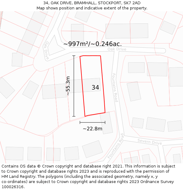 34, OAK DRIVE, BRAMHALL, STOCKPORT, SK7 2AD: Plot and title map