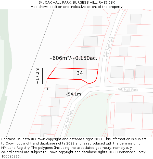 34, OAK HALL PARK, BURGESS HILL, RH15 0BX: Plot and title map