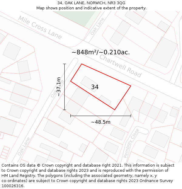 34, OAK LANE, NORWICH, NR3 3QG: Plot and title map