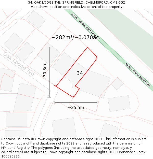 34, OAK LODGE TYE, SPRINGFIELD, CHELMSFORD, CM1 6GZ: Plot and title map