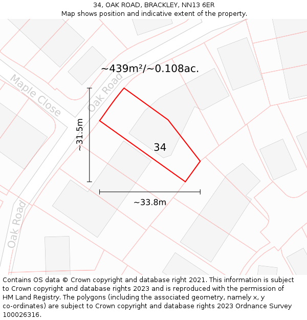 34, OAK ROAD, BRACKLEY, NN13 6ER: Plot and title map