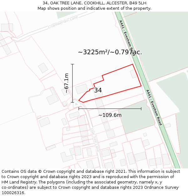 34, OAK TREE LANE, COOKHILL, ALCESTER, B49 5LH: Plot and title map