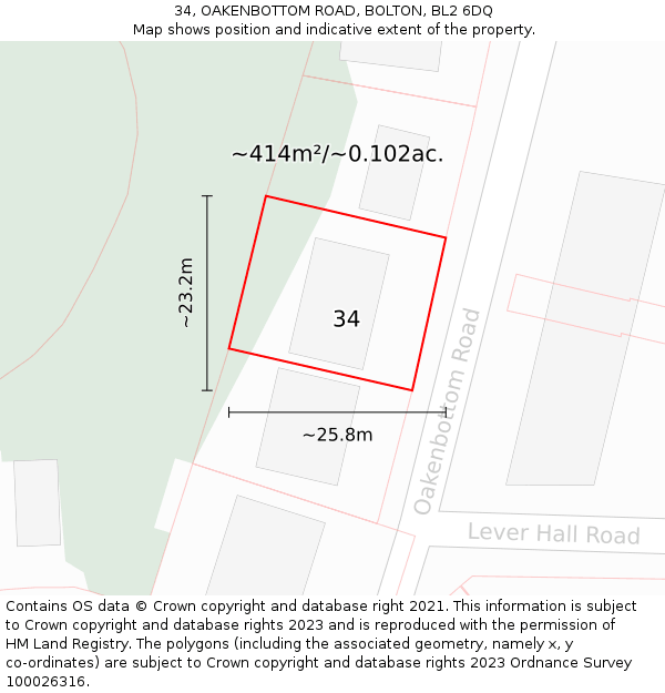 34, OAKENBOTTOM ROAD, BOLTON, BL2 6DQ: Plot and title map