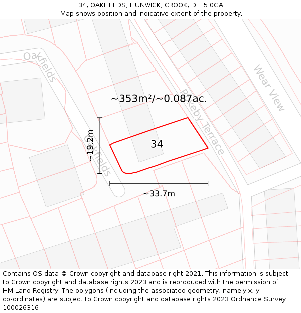 34, OAKFIELDS, HUNWICK, CROOK, DL15 0GA: Plot and title map