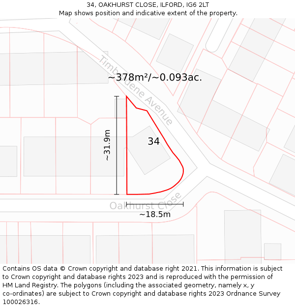 34, OAKHURST CLOSE, ILFORD, IG6 2LT: Plot and title map