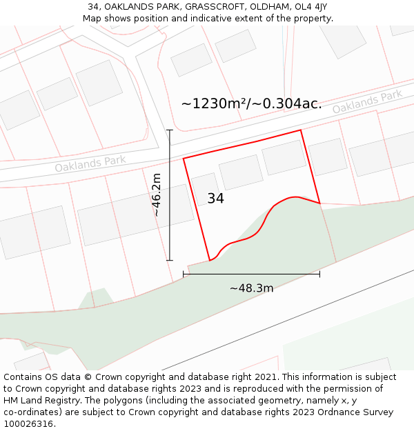 34, OAKLANDS PARK, GRASSCROFT, OLDHAM, OL4 4JY: Plot and title map