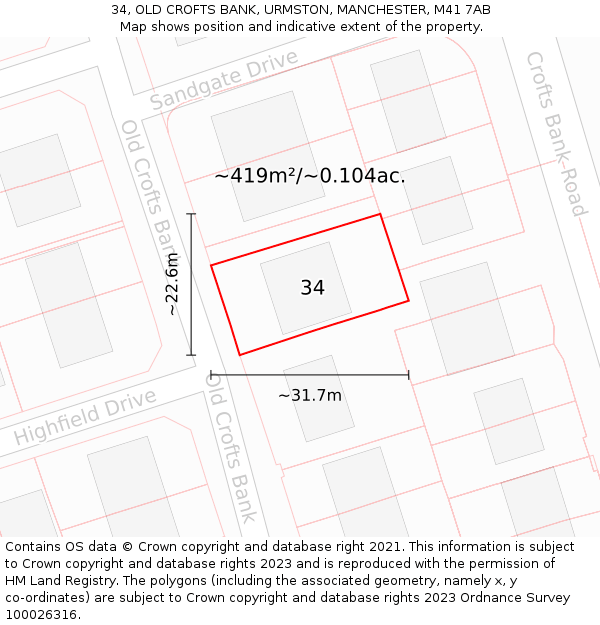 34, OLD CROFTS BANK, URMSTON, MANCHESTER, M41 7AB: Plot and title map