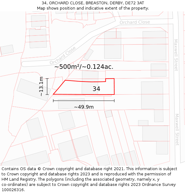 34, ORCHARD CLOSE, BREASTON, DERBY, DE72 3AT: Plot and title map