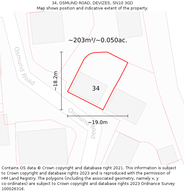 34, OSMUND ROAD, DEVIZES, SN10 3GD: Plot and title map
