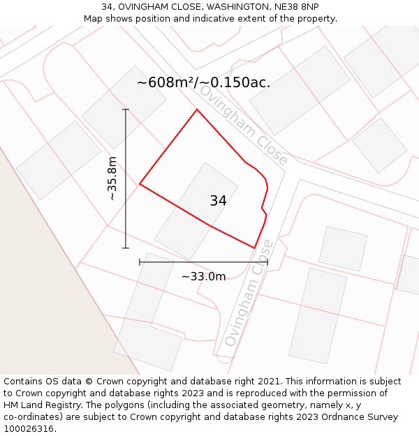 34, OVINGHAM CLOSE, WASHINGTON, NE38 8NP: Plot and title map