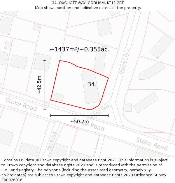 34, OXSHOTT WAY, COBHAM, KT11 2RT: Plot and title map