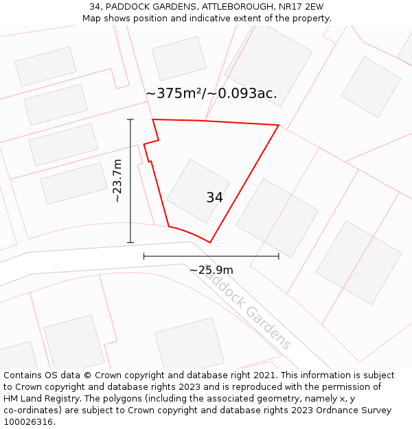 34, PADDOCK GARDENS, ATTLEBOROUGH, NR17 2EW: Plot and title map