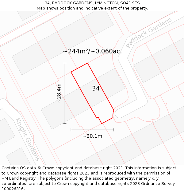 34, PADDOCK GARDENS, LYMINGTON, SO41 9ES: Plot and title map