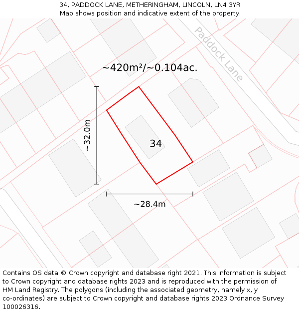 34, PADDOCK LANE, METHERINGHAM, LINCOLN, LN4 3YR: Plot and title map