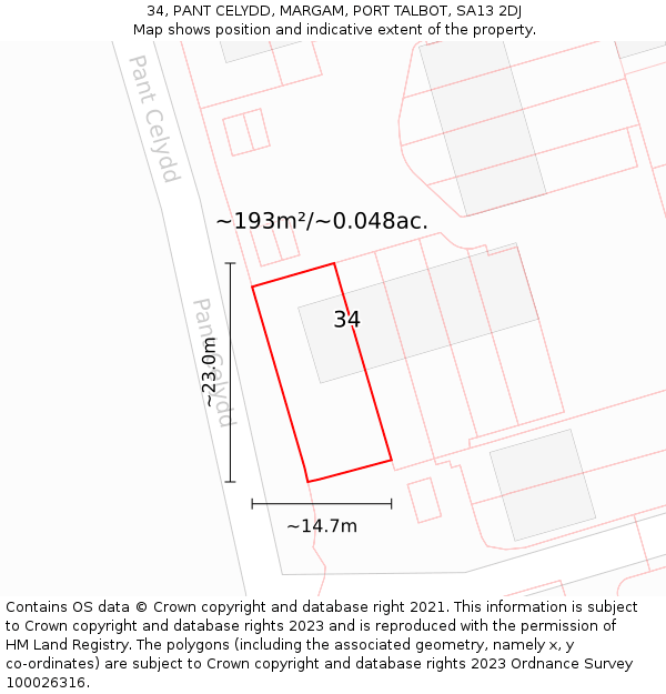34, PANT CELYDD, MARGAM, PORT TALBOT, SA13 2DJ: Plot and title map