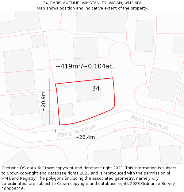 34, PARIS AVENUE, WINSTANLEY, WIGAN, WN3 6FA: Plot and title map