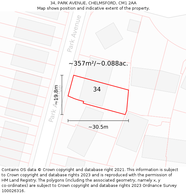 34, PARK AVENUE, CHELMSFORD, CM1 2AA: Plot and title map