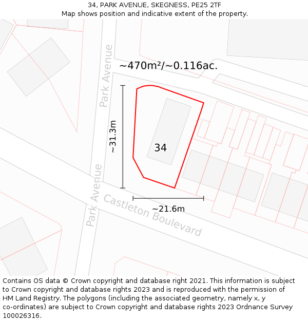 34, PARK AVENUE, SKEGNESS, PE25 2TF: Plot and title map