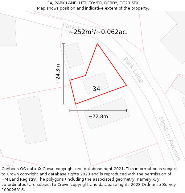 34, PARK LANE, LITTLEOVER, DERBY, DE23 6FX: Plot and title map