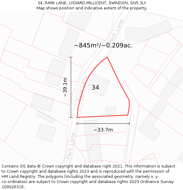34, PARK LANE, LYDIARD MILLICENT, SWINDON, SN5 3LY: Plot and title map