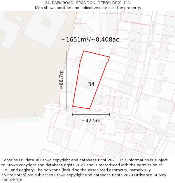 34, PARK ROAD, SPONDON, DERBY, DE21 7LN: Plot and title map