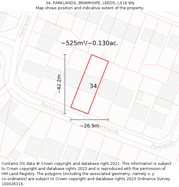 34, PARKLANDS, BRAMHOPE, LEEDS, LS16 9AJ: Plot and title map
