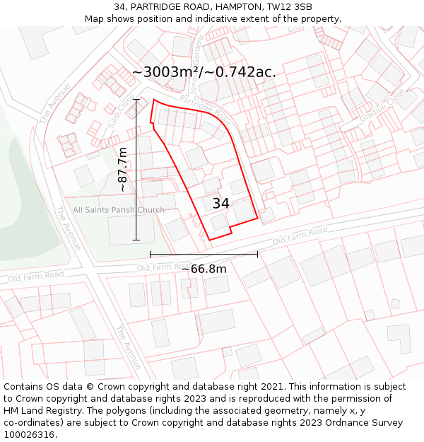 34, PARTRIDGE ROAD, HAMPTON, TW12 3SB: Plot and title map