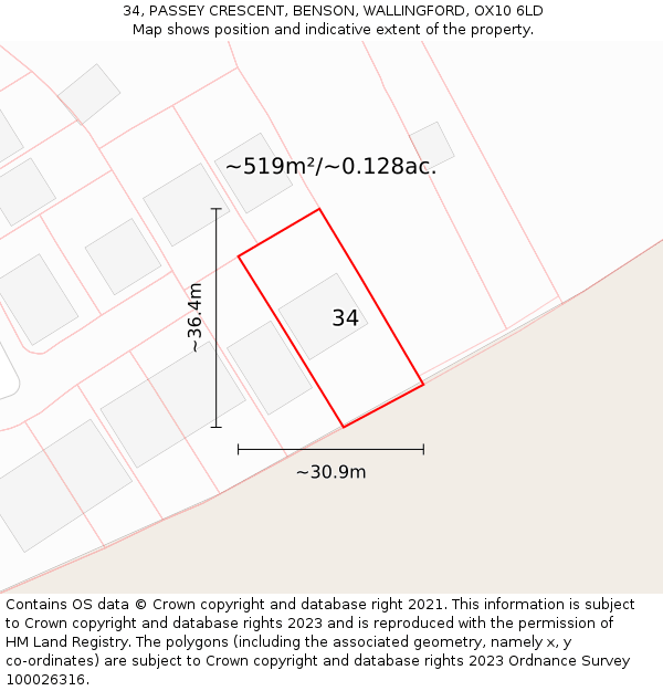 34, PASSEY CRESCENT, BENSON, WALLINGFORD, OX10 6LD: Plot and title map