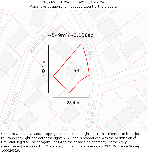 34, PASTURE WAY, BRIDPORT, DT6 4DW: Plot and title map
