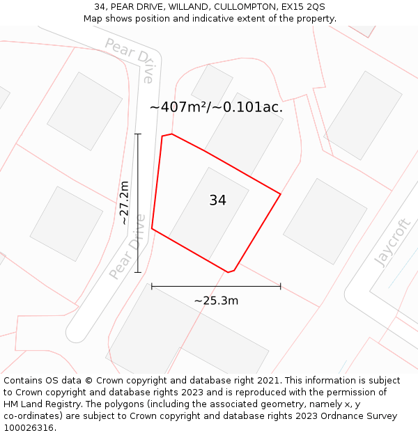 34, PEAR DRIVE, WILLAND, CULLOMPTON, EX15 2QS: Plot and title map