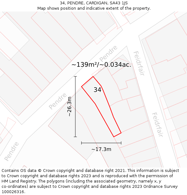 34, PENDRE, CARDIGAN, SA43 1JS: Plot and title map