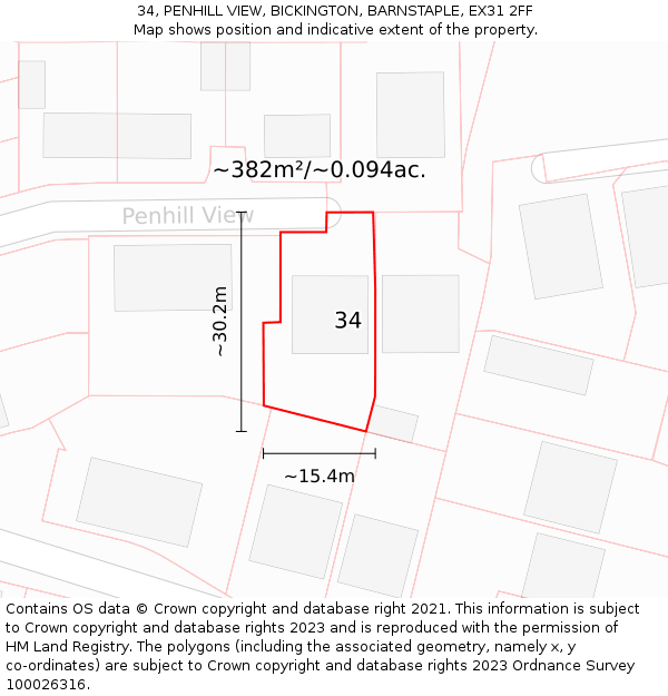 34, PENHILL VIEW, BICKINGTON, BARNSTAPLE, EX31 2FF: Plot and title map