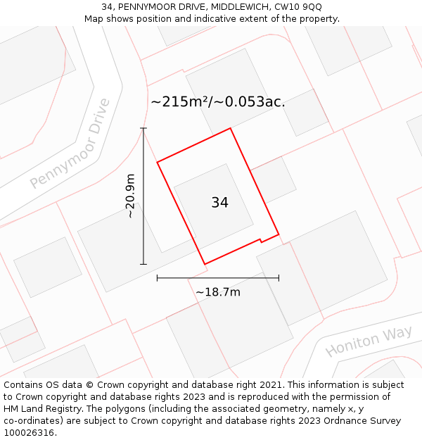34, PENNYMOOR DRIVE, MIDDLEWICH, CW10 9QQ: Plot and title map