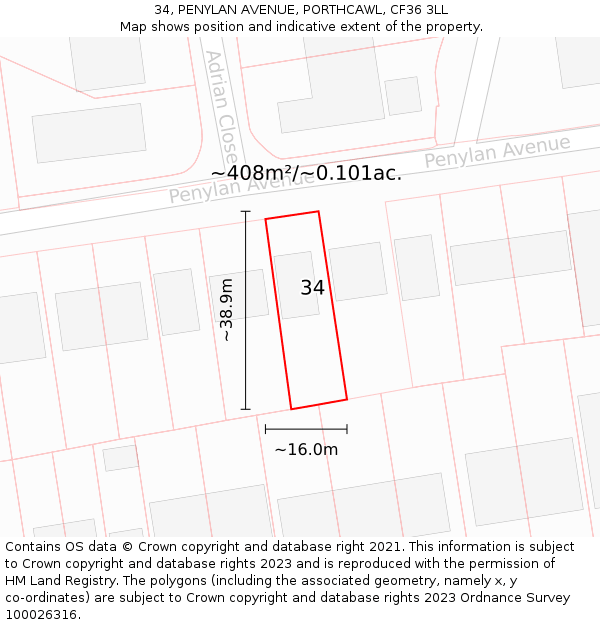 34, PENYLAN AVENUE, PORTHCAWL, CF36 3LL: Plot and title map