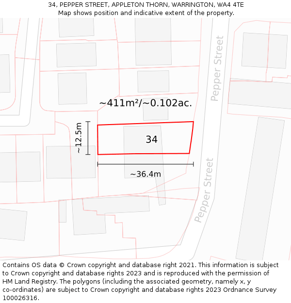 34, PEPPER STREET, APPLETON THORN, WARRINGTON, WA4 4TE: Plot and title map