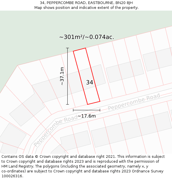 34, PEPPERCOMBE ROAD, EASTBOURNE, BN20 8JH: Plot and title map
