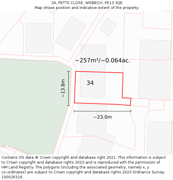 34, PETTS CLOSE, WISBECH, PE13 3QE: Plot and title map