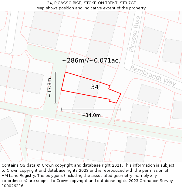 34, PICASSO RISE, STOKE-ON-TRENT, ST3 7GF: Plot and title map