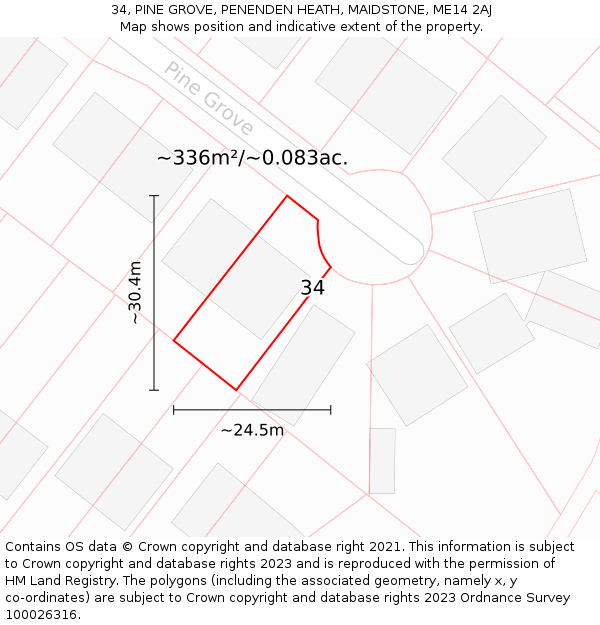 34, PINE GROVE, PENENDEN HEATH, MAIDSTONE, ME14 2AJ: Plot and title map
