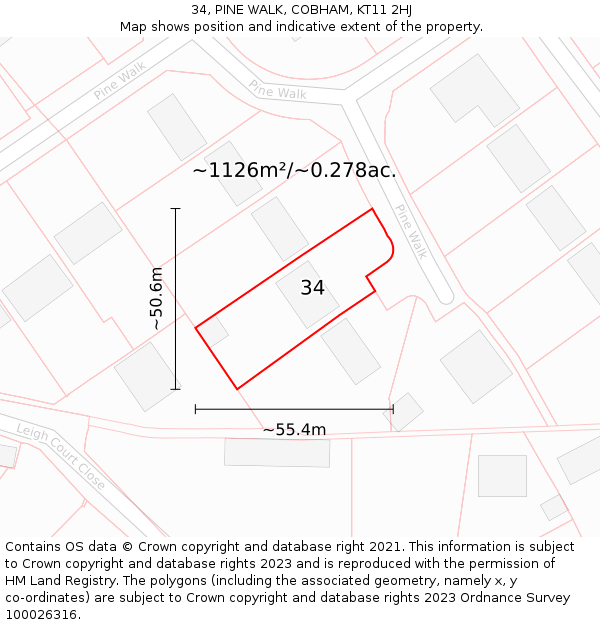 34, PINE WALK, COBHAM, KT11 2HJ: Plot and title map