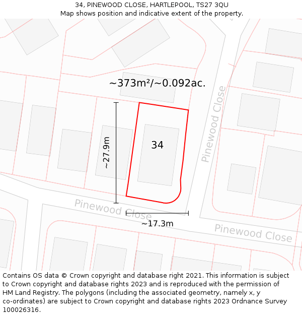 34, PINEWOOD CLOSE, HARTLEPOOL, TS27 3QU: Plot and title map