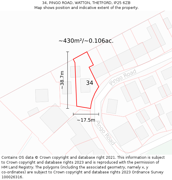 34, PINGO ROAD, WATTON, THETFORD, IP25 6ZB: Plot and title map