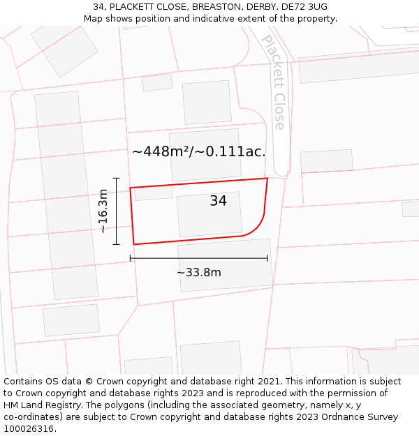 34, PLACKETT CLOSE, BREASTON, DERBY, DE72 3UG: Plot and title map