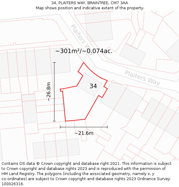34, PLAITERS WAY, BRAINTREE, CM7 3AA: Plot and title map