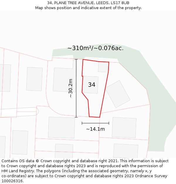34, PLANE TREE AVENUE, LEEDS, LS17 8UB: Plot and title map