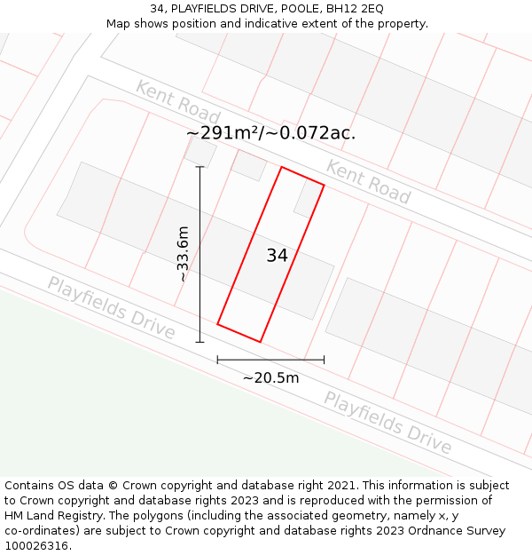 34, PLAYFIELDS DRIVE, POOLE, BH12 2EQ: Plot and title map