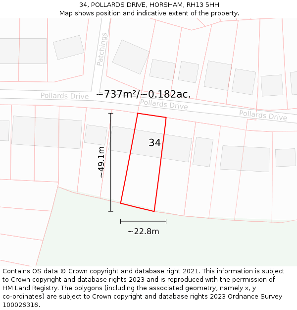 34, POLLARDS DRIVE, HORSHAM, RH13 5HH: Plot and title map