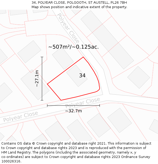 34, POLYEAR CLOSE, POLGOOTH, ST AUSTELL, PL26 7BH: Plot and title map