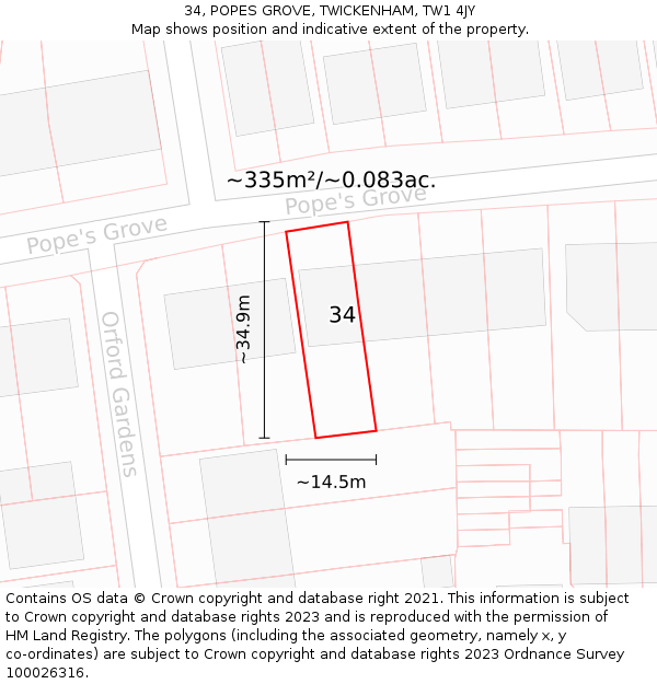 34, POPES GROVE, TWICKENHAM, TW1 4JY: Plot and title map
