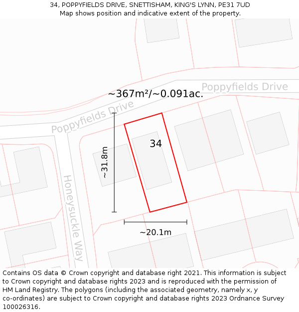 34, POPPYFIELDS DRIVE, SNETTISHAM, KING'S LYNN, PE31 7UD: Plot and title map